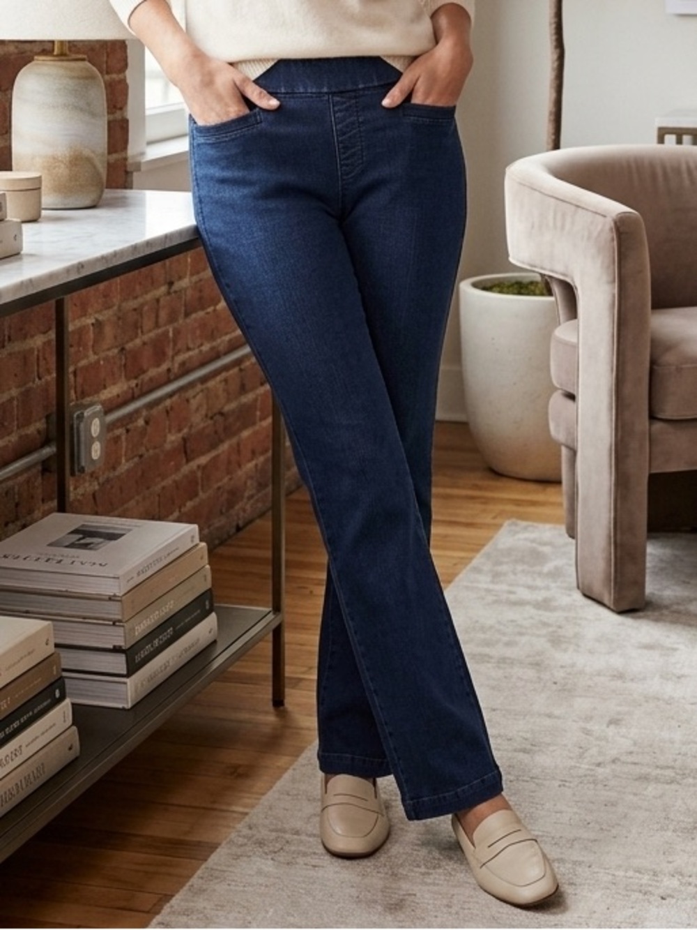 Lee Style Up Dark Wash Pull On Jeans Flat Front Comfort Waist 14M